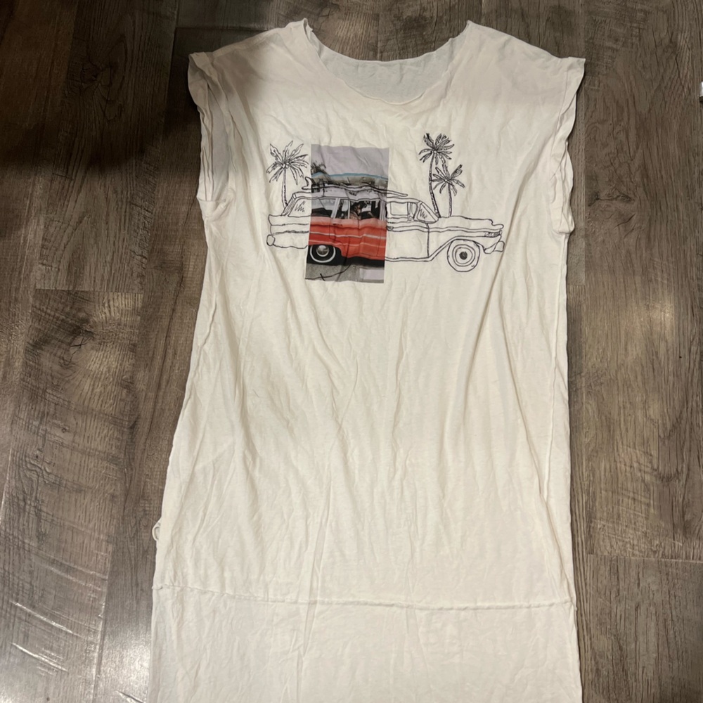 White Graphic Tank Dress with Tropical dog in vintage Car print one size flowy
